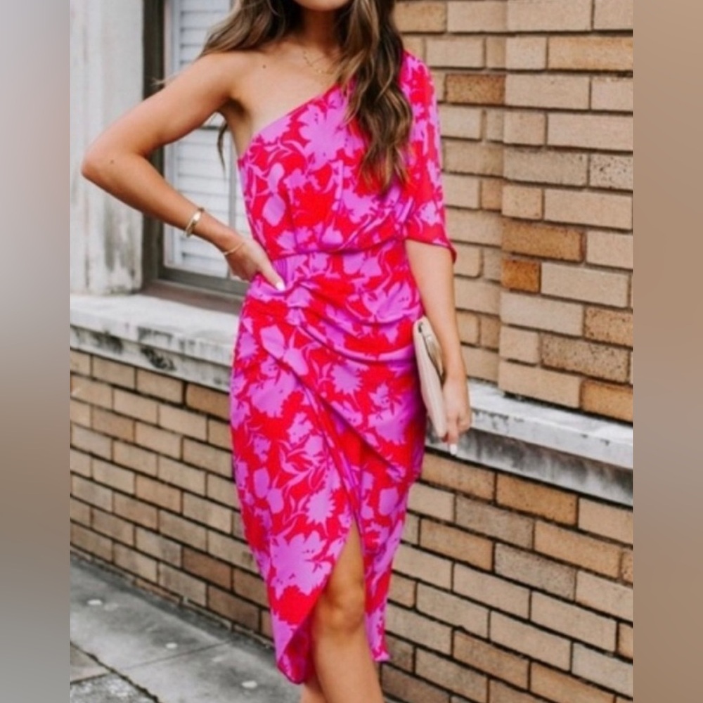 NWT DO+BE Pink and Red Floral One-Shoulder Dress, size M